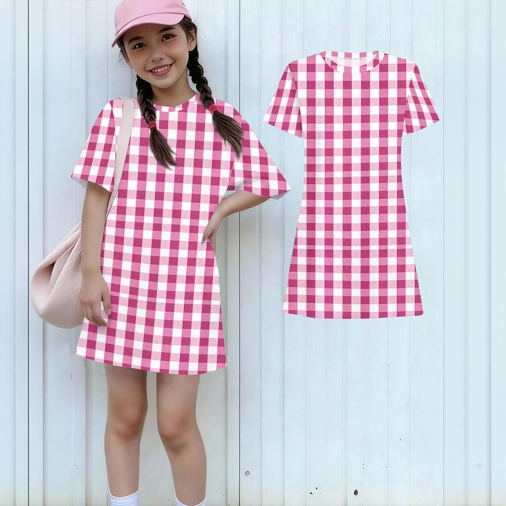 Girls Plaid Pattern Dress Loose Fit Short Sleeve Round Neck Lightweight Casual Dress for Children Suitable for Daily Wear and Outdoor Activities