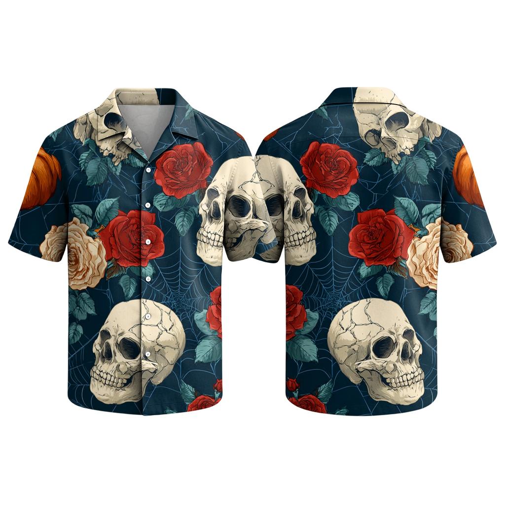 Men's Casual Short Sleeve Button Down Shirt with Halloween Graphic Print Lapel Collar Lightweight Top for Daily Wear
