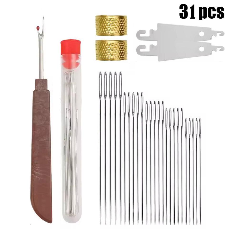

31 PCS Big Eye Steel Sewing Needles Kit, Steels Needle For Hand Sewing With Thimble, Threader, Thread Rippers For Beginner And Clothing One Size серебряный