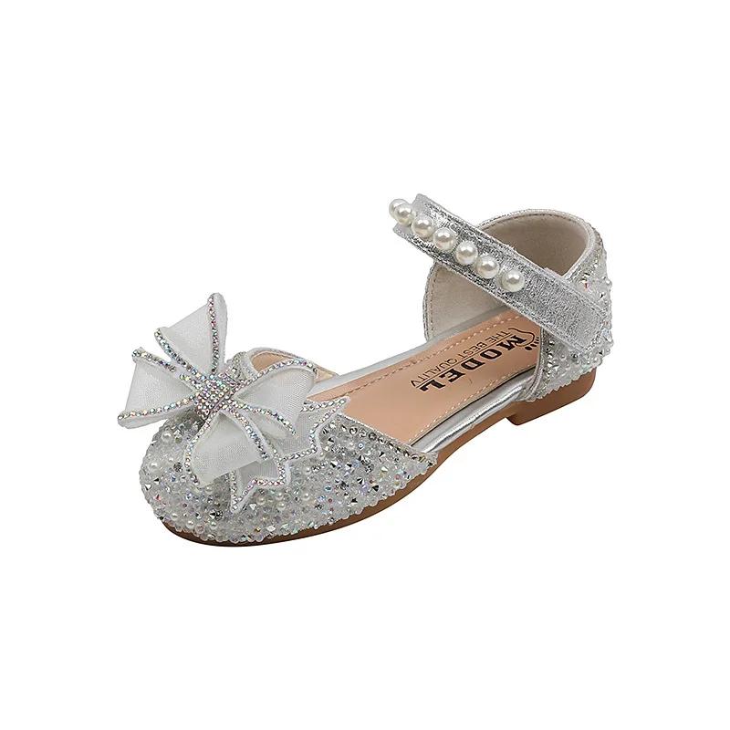 Baby Girls Princess Shoes Sequins Pearl Bow Kids Sandals Non-slip Children Shoes Party Wedding Elegant Performance Shoes F06144