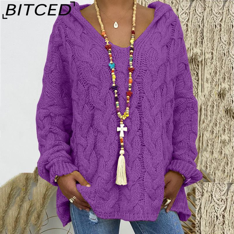 BITCED Fall/Winter Solid Color Cable-Knit Hoodie Sweatshirt for Women