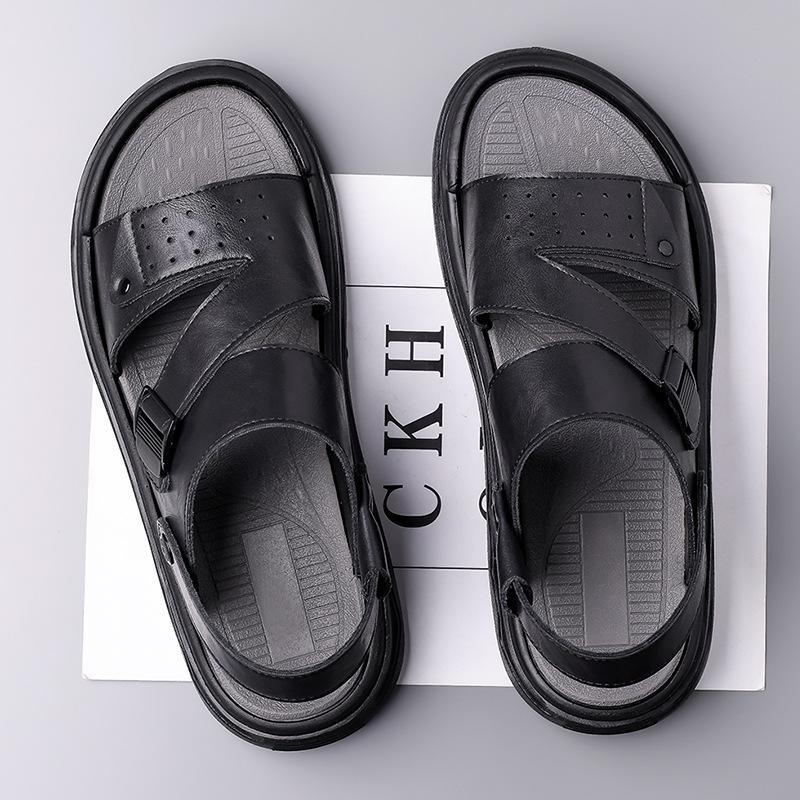 Fashion Sport Men's Hollowed Sandals Fashion Casual Summer Beach Shoes Slippers Man Outside Thick Sole Solid Color Leather Sandals Man
