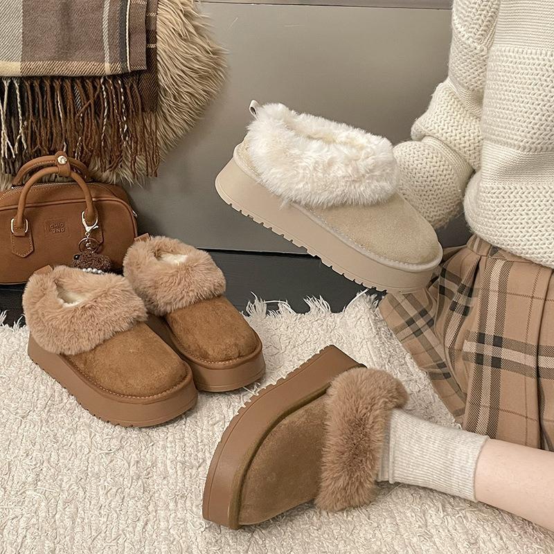 Retro platform fluffy snow boots women's new winter one-pedal bag heel plush cotton shoes