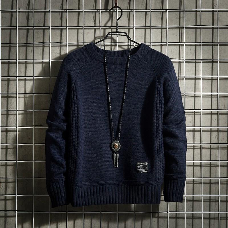 Men's Retro Korean Style Knit Pullover: Warm, Thickened, Round Neck, Long Sleeve for Autumn and Winter.