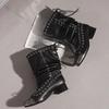 Designer Women's Boots Trendy Square Toe Leather Boot Vintage Lace-Up Pleate Mid-calf Boots for Women Thick Heeled Boots