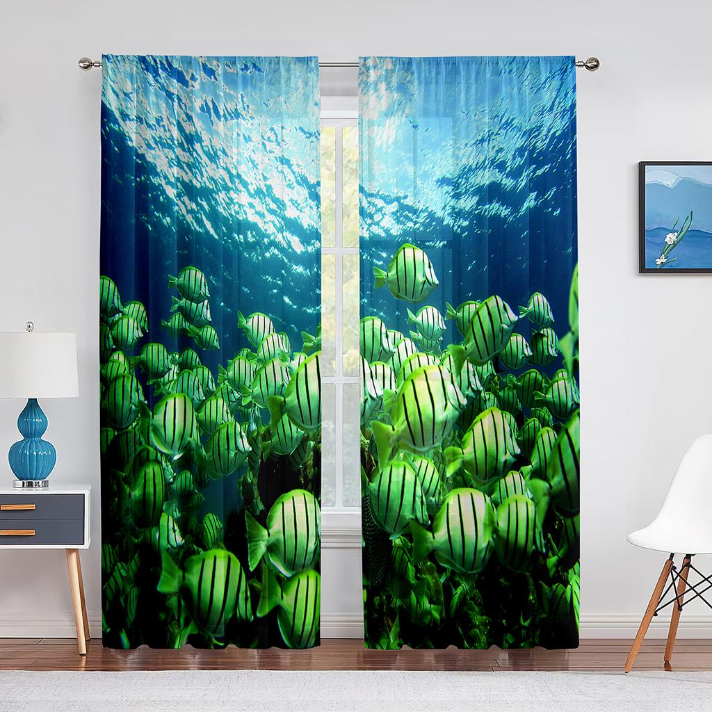 Zasłona woalowa z motywem oceanu, przezroczysta, z motywem podwodnych ryb tropikalnych, koralowców, zwierząt morskich, tiulowa zasłona okienna do sypialni, salonu