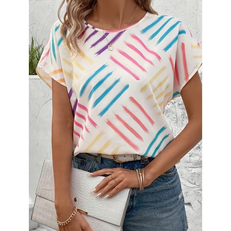 Women s Tops Fashionable Striped Print Crew Neck Shirt S