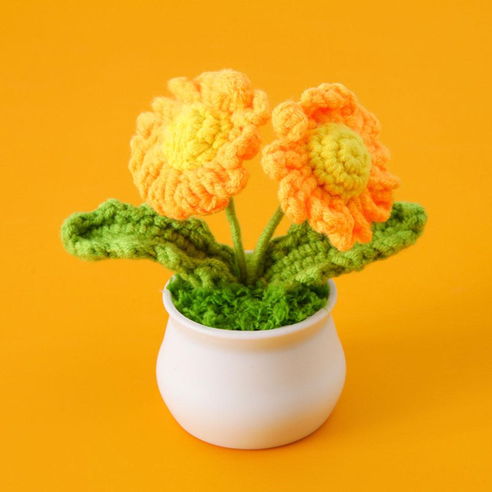 DIY Handwoven Mini Potted Flower Rose Tulip Daisy Office Desktop Ornamental Plant Woolen Thread Finished Product Home Decoration