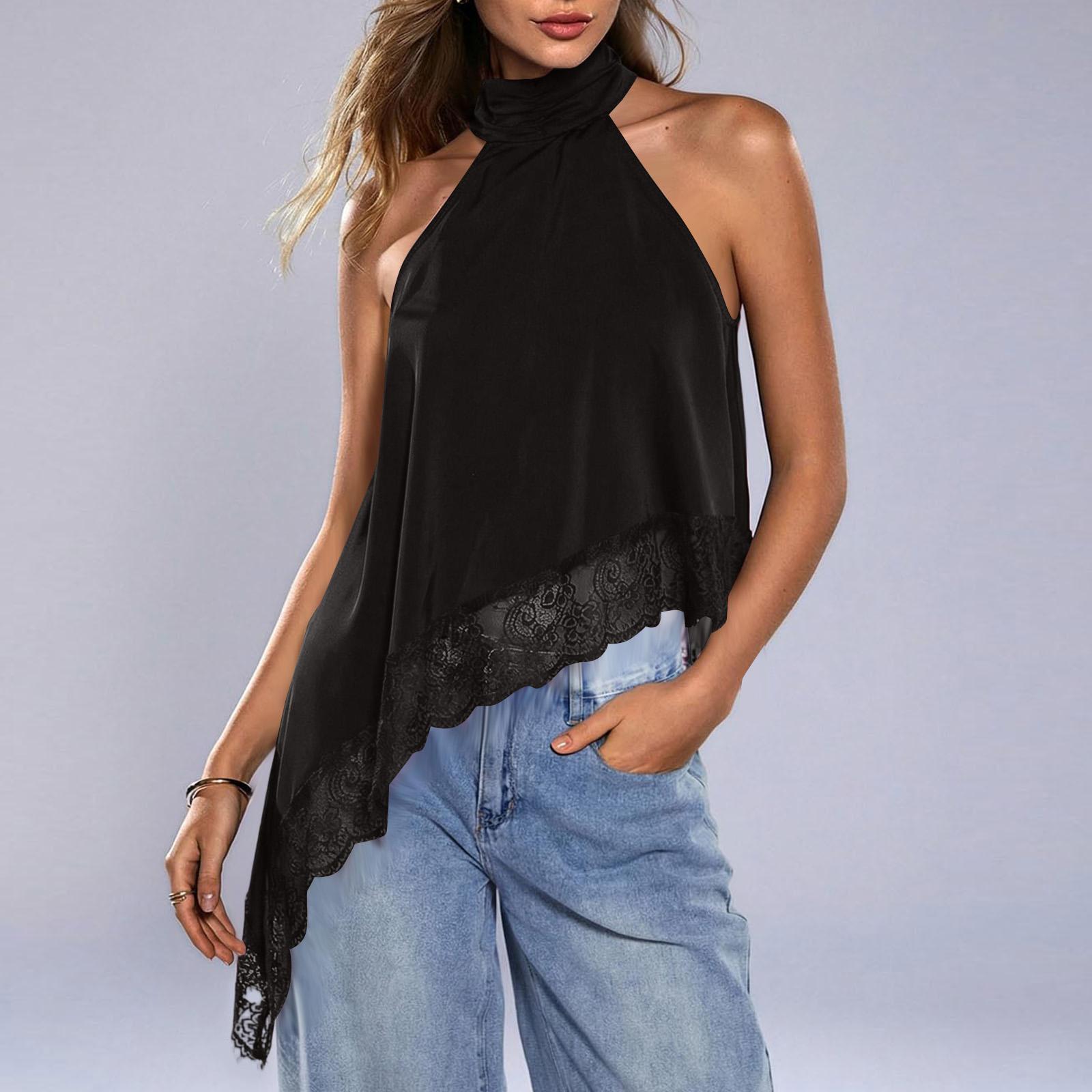 Women s Satin Top with Lace Trim Sleeveless Fashion Cami for Summer Casual Wear XL