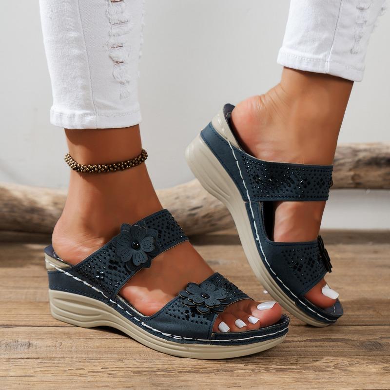 

Summer new large size flower high heel one-character slippers women s slope heel rhinestone thick bottom cool slippers 36