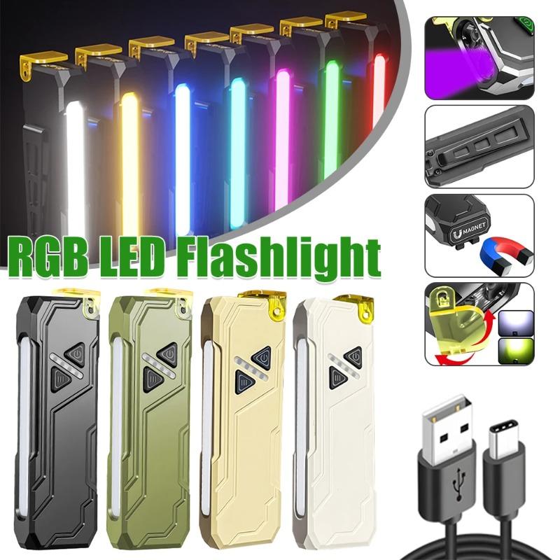 RGB LED Flashlight Rechargeable Flashlight Magnetic Work Light with Side Light Flash Light for Outdoors Emergency Camping