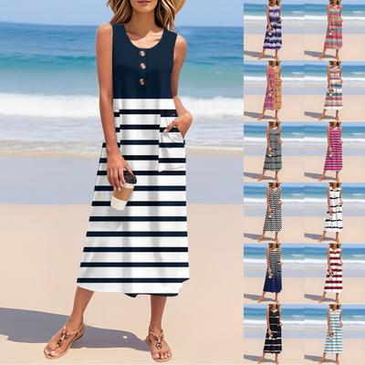 Dames Zomer Gestreept Print Jurk Mouwloos Knopen Casual Los Lang Strand Zomerjurk