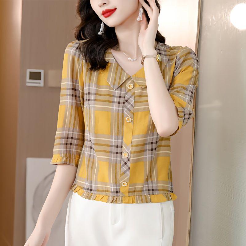 

Стильная клетчатая повседневная блузка с воротником Питер Пэн, весна-лето, рукав 3/4, на пуговицах, женская одежда, комбинированная, для работы, прямая рубашка XXXL жёлтый