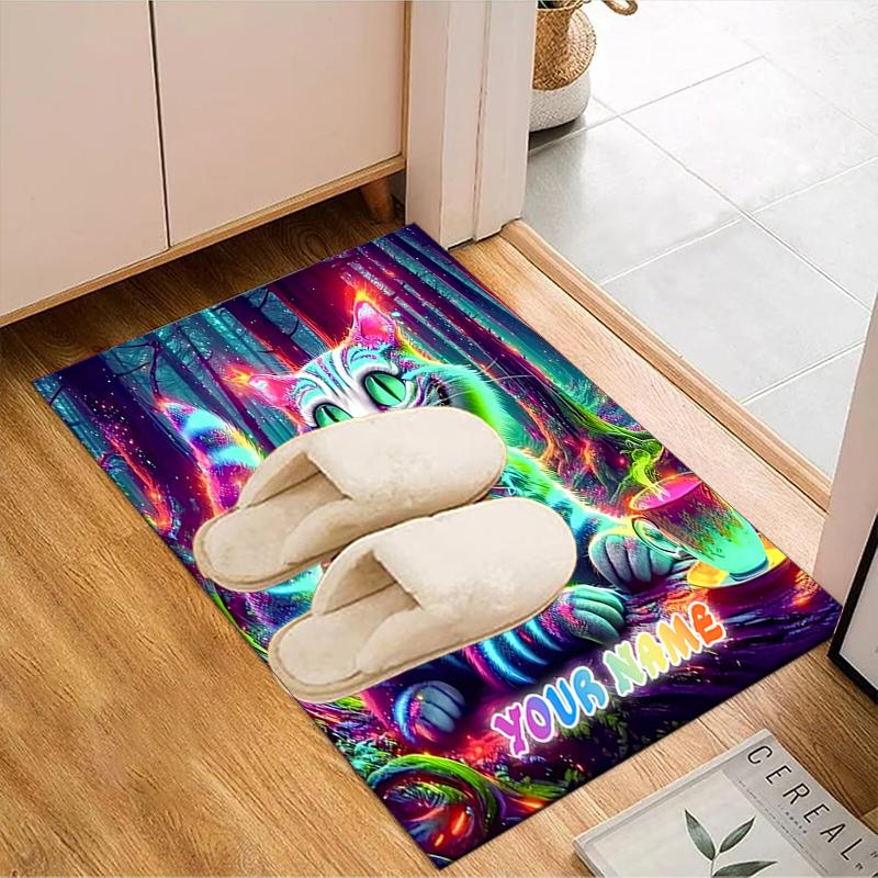 1PC Custom Name Neon Forest Cat Theme Floor Mat Ideal for Living Room, Game Rooms, Office, Bedroom,Floor Mat Playful Design5