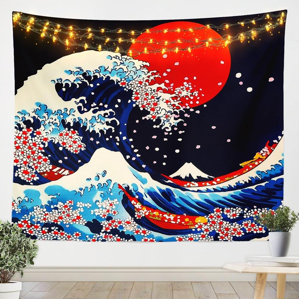 Japanese Crane Tapestry, Black Background with Red Sun, White Clouds and Sakura Print Wall Hanging for Bedroom,Living Room Decor