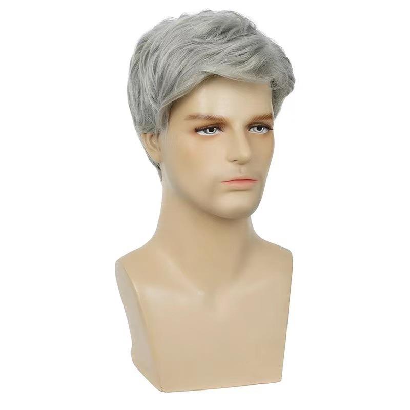 Short Silver Grey Synthetic Wigs Heat Resistant Fiber Hair Wig For Men Daily Halloween