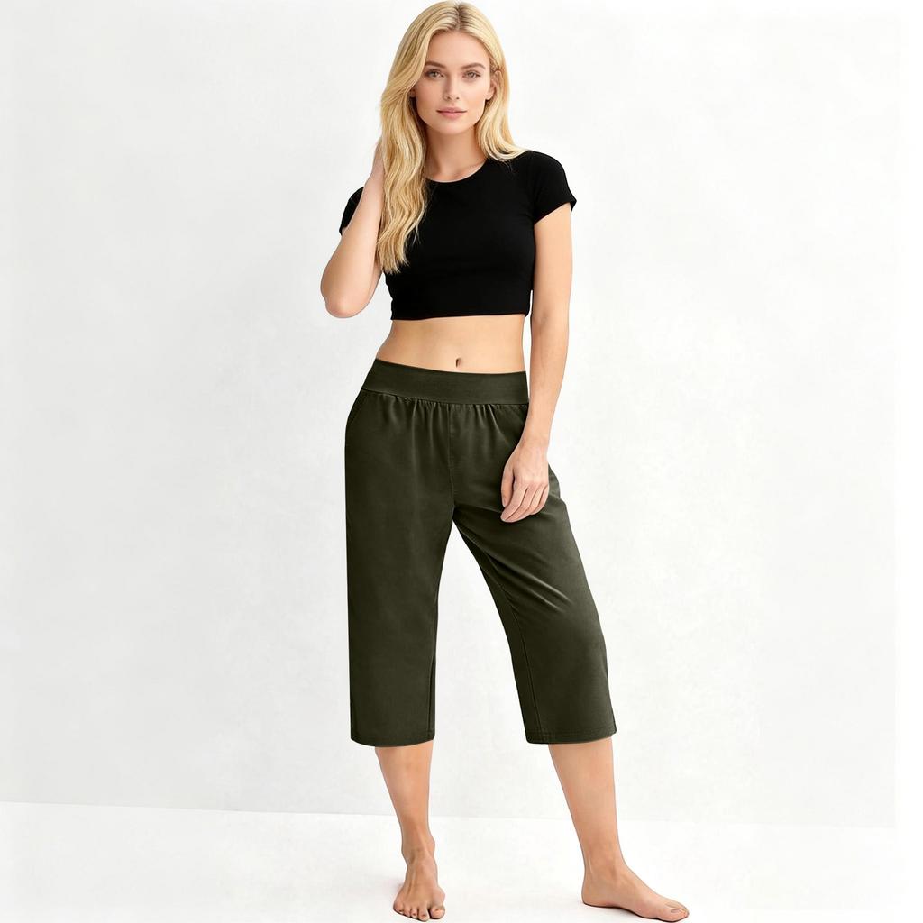 Women Elastic High Waist 3/4 Pant Casual Fit Wide Capris Leg Pants Trousers With Pockets