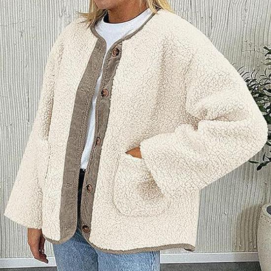 Women's Warm Winter Coat Collarless Casual Long Sleeve Button Plush Lamb Suede Jacket Coat