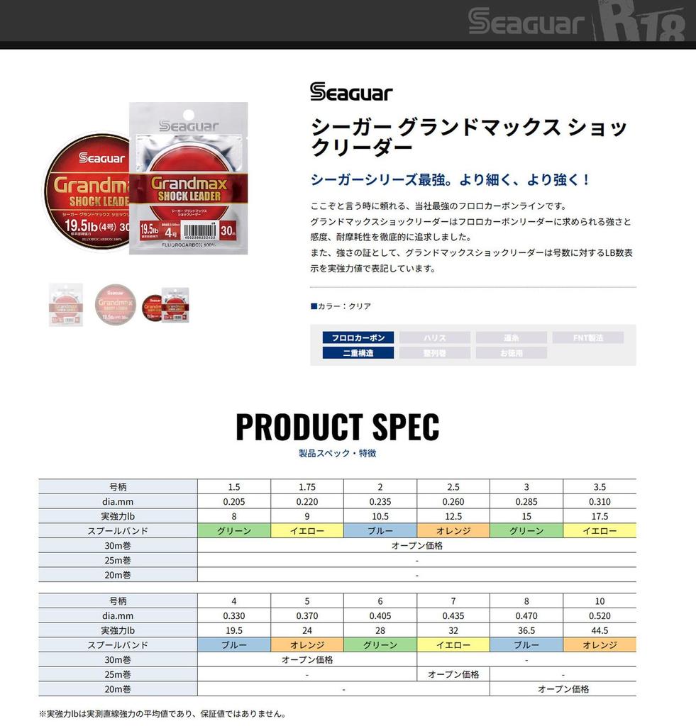 KUREHA Seaguar Grand Max Shock Leader, Fluorocarbon Fishing Line, 30m, 6-gauge, 28lb, Clear