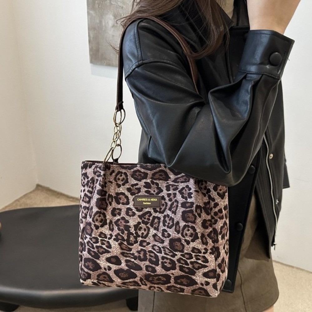PU Leather Leopard Print Shoulder Bag Zipper Closure Tote Bag Chain Strap Handbag Commuting