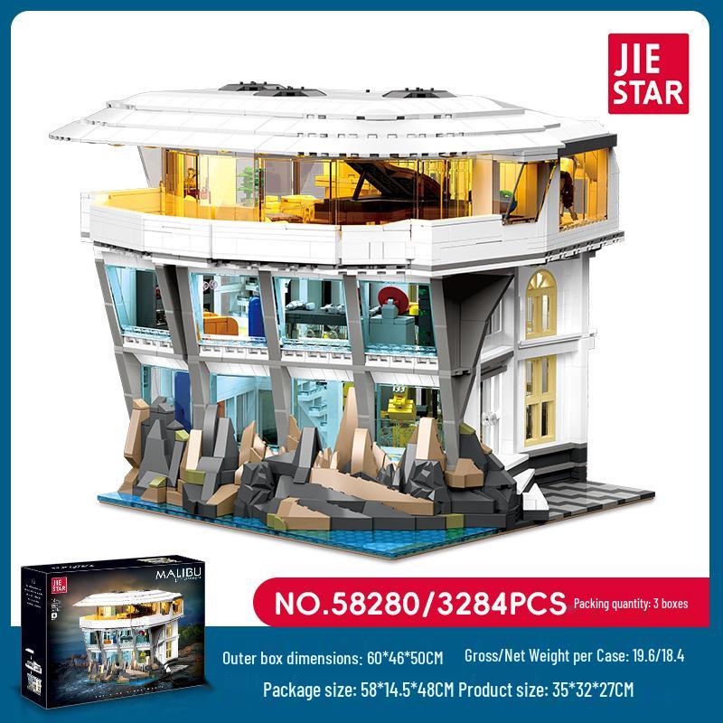 Jie Xing 58280 Villa Scene Model with Lighting Assembly Blocks Toy