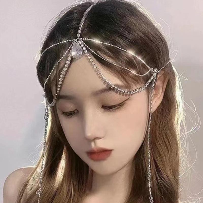Rhinestone Waterdrop-Head Chain Headwear Crystal Forehead Headband Wedding Bridal Hair Chain Headpiece for Women Jewelry