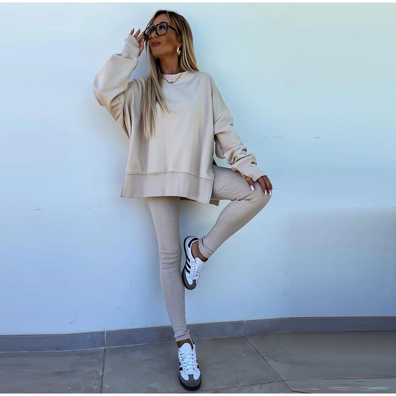 

Осенний женский повседневный костюм, свободный топ с длинными рукавами и боковыми разрезами, узкие брюки, спортивный женский костюм S абрикосовый