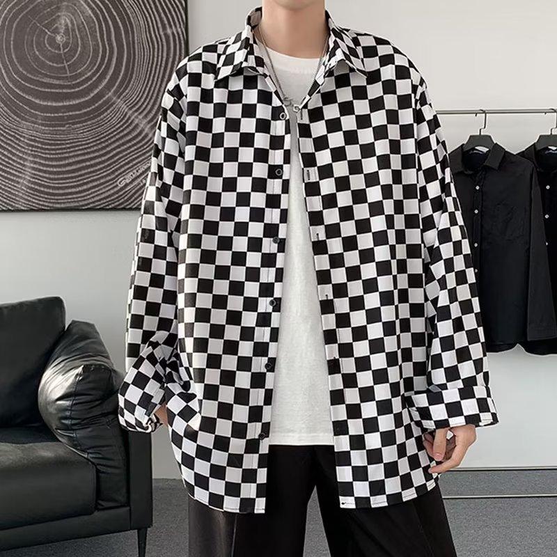 

Рубашка в клетку мужская летняя из тонкого ледяного шелка, модный бренд Ins, персонализированное пальто в гонконгском стиле в шахматную клетку, красивая рубашка с длинным рукавом Ruan 3XL чёрный