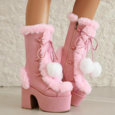 Fashion 2024 New Winter Womens Snow Boots Thick-soled High-heeled Imitation Fur Ladies' Shoes Women's Plush Warm Non-slip Mid-calf Boots