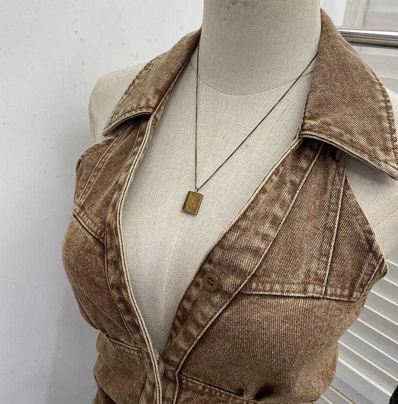 Women's Halter V-Neck Denim Vest: Body-Hugging, Elastic Back, Short, Sleeveless Top. Style 830.