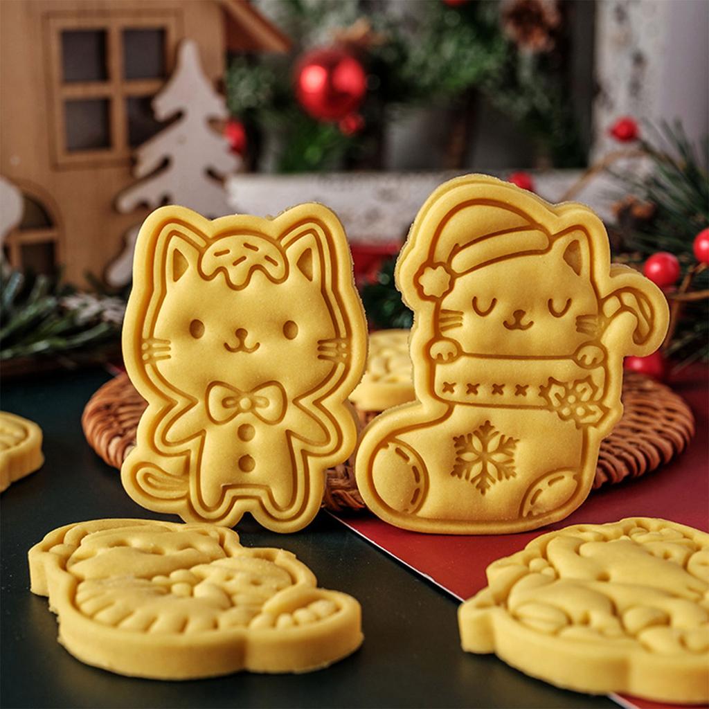Christmas Cat Cookie Cutters Set Cartoon Pressable Biscuits Mold Plastic Cookie Stamps DIY Baking Tool Easy to Clean