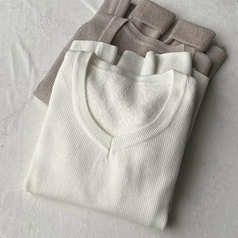 Pullovers Tops Women Long Sleeves Winter Padded V Neck Blouse Oversized Loose Long Sleeve Shirt Slim Pullover Tops