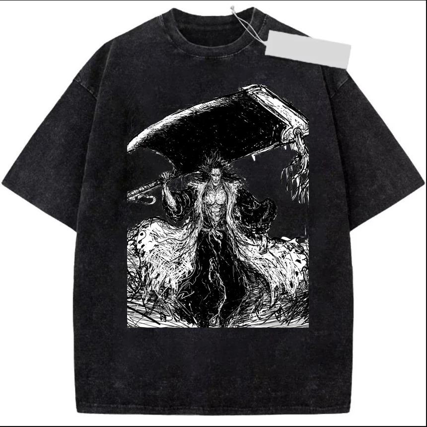 Classic Anime Bleach Zaraki Kenpachi Graphic Print Tee Men Women Retro Washed Cotton Tshirt Loose Casual Harajuku Oversized Top