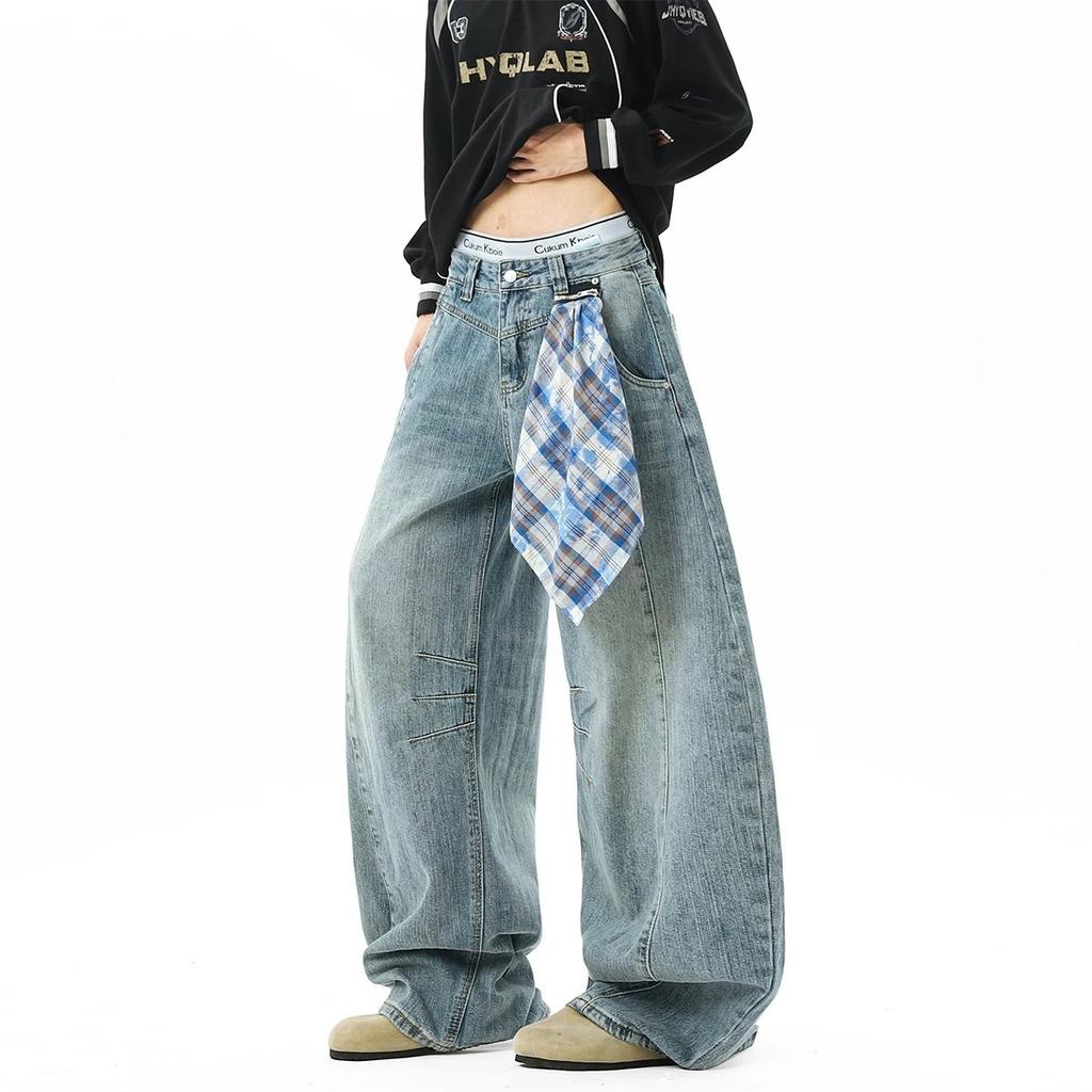 Street Trendy Brand Square Towel Men's New Scimitar Loose Spring and Summer Wide-leg Pants Mopping Removable Jeans Women