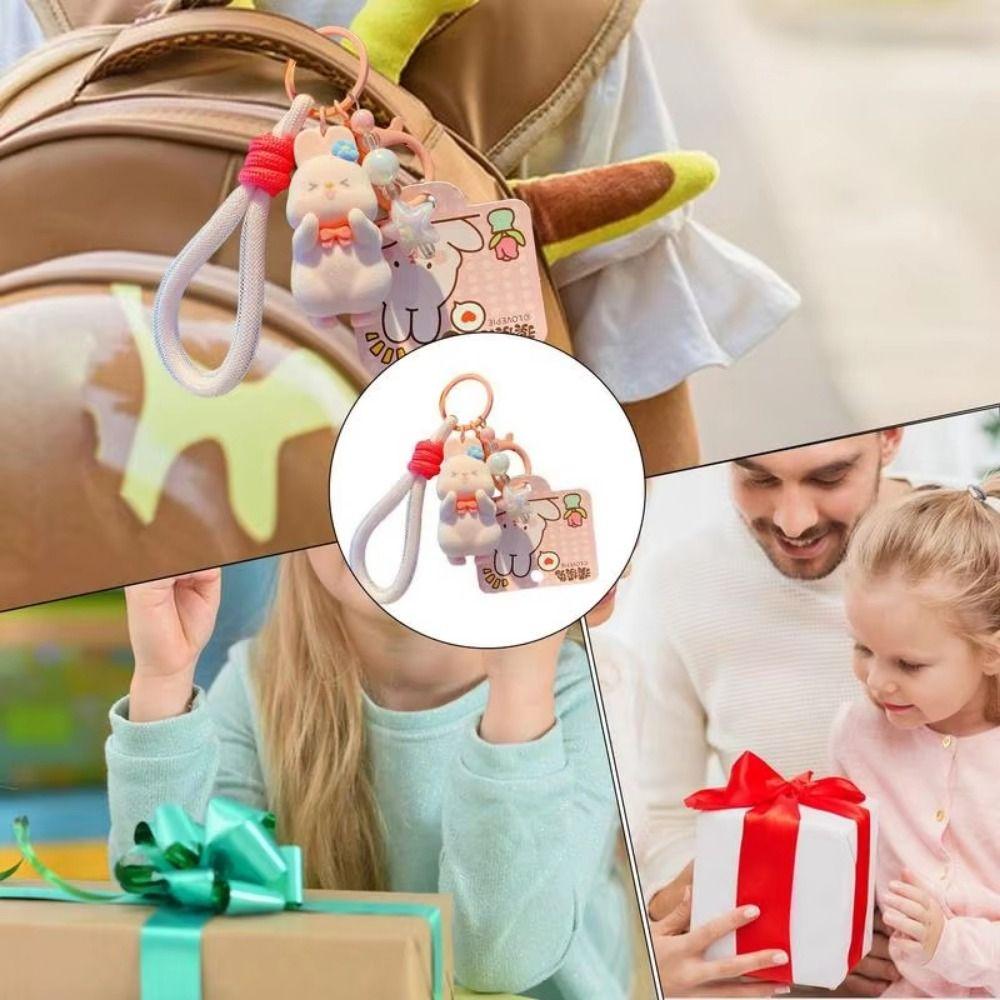 Creative Bunny Key Chain Cute Backpack Pendants Soft Flocking Animal Keyring  School Bag
