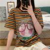 vintage cartoon print stripe casual Loose basic t shirt 2025 summer short Sleeve Simple T-shirts for Women harajuku Kawaii funny student tshirt