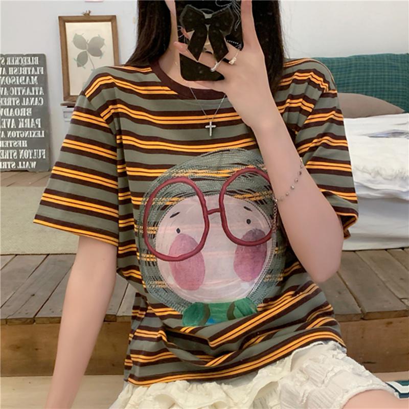 Vintage Cartoon Print Stripe Casual Loose Basic T Shirt 2025 Summer Short Sleeve Simple T-shirts for Women Harajuku Kawaii Funny Student Tshirt