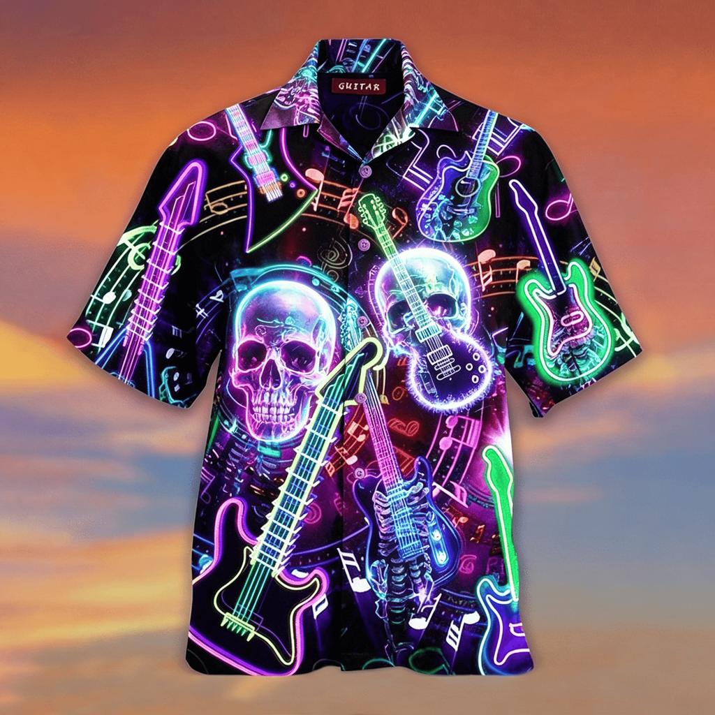 Pánská neónová havajská košile s krátkým rukávem a potiskem medúzy a kytary, psychedelický hudební havajský košile na knoflíky pro jaro a léto