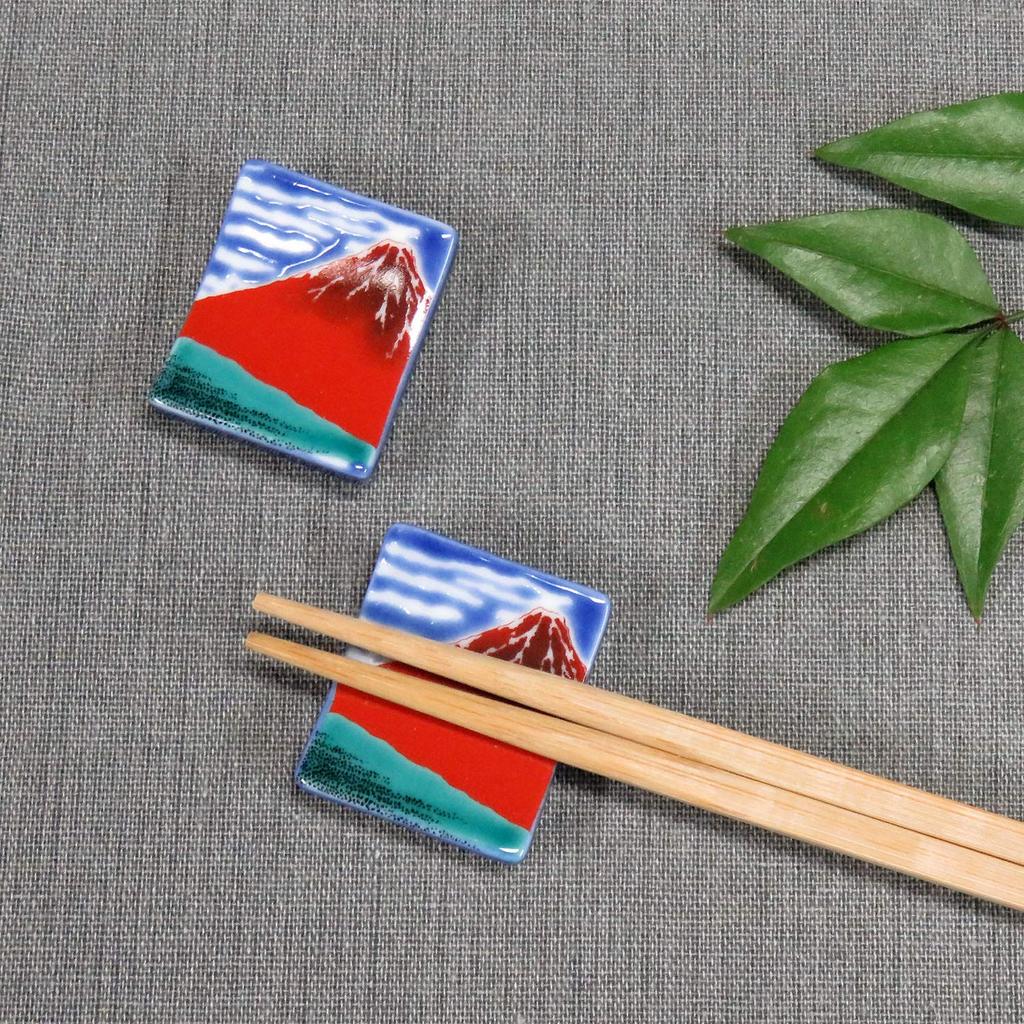 Stylish Kutani Ware Chopstick Pair Hokusai Red Fuji Ceramic Cutlery Made In Japan Rests, Set, Design, Rest,