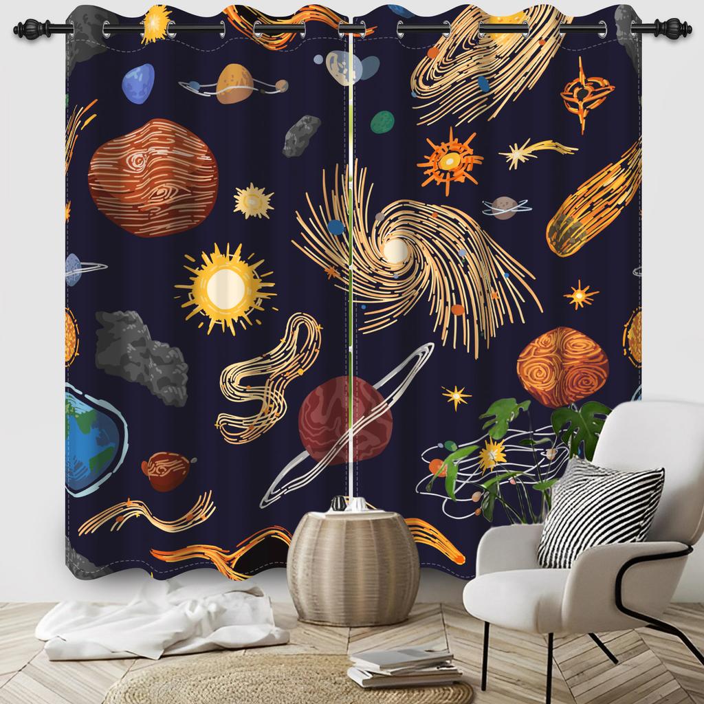 Cosmic Planet Curtains Cartoon Pattern Printed Window Polyester Thermal Insulated Home Interior Curtain Blackout