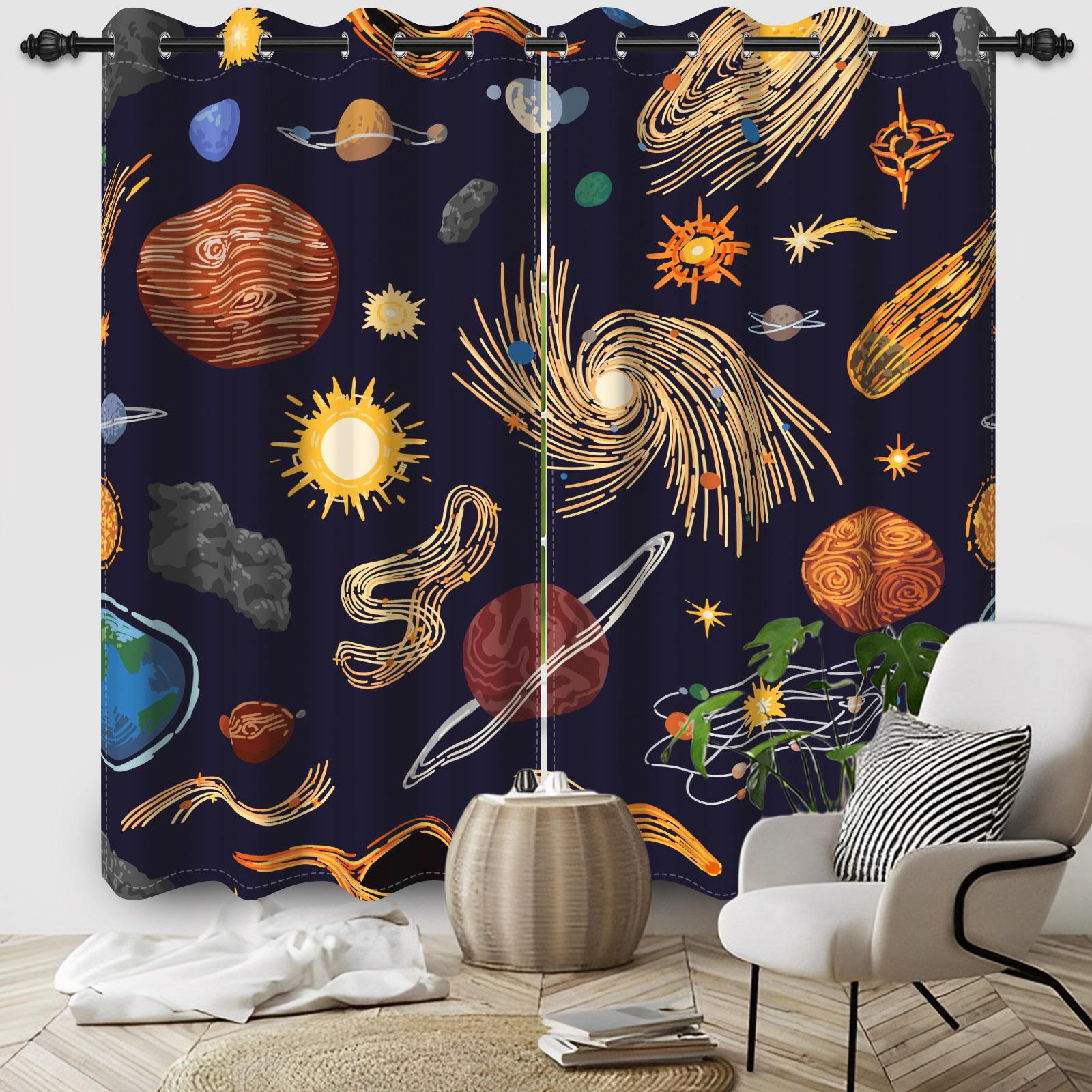 

Cosmic Planet Curtains Cartoon Pattern Printed Window Polyester Thermal Insulated Home Interior Curtain Blackout W100*H130(CM)-Rod Pocket&2PCS
