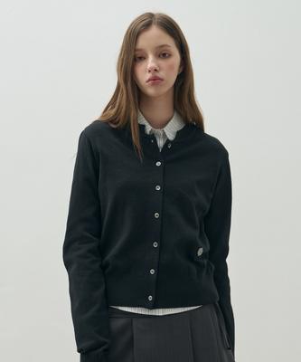 Leathery Symbol Basic Round Neck Cardigan [Black]