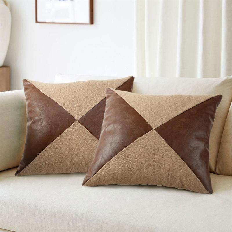 Faux Leather Pillow Case Waist Cushions Cover for Living Room Sofa Splicing Linen Throw Pillowcase Home Decoration