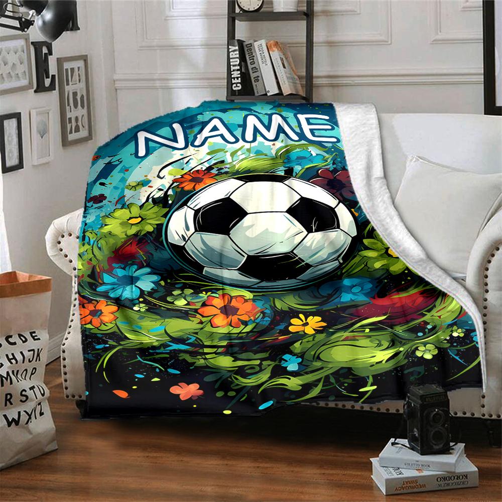 Custom Name Soccer Theme Printed Blanket - Perfect for Couch, Bed, Travel & Outdoor Use | Machine Washable, Cozy & Durable.