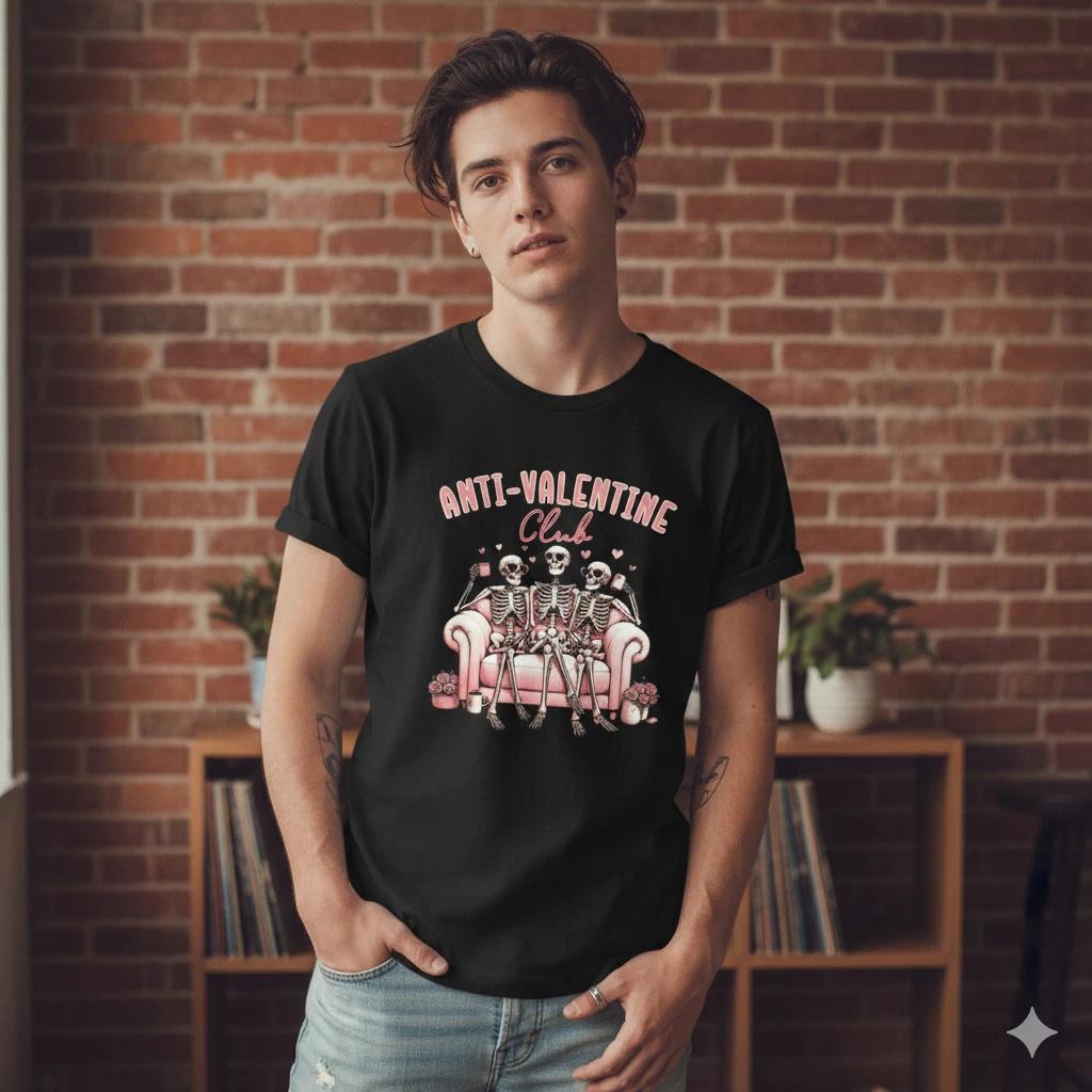 Anti Valentine Club Skeleton Graphic Black Unisex Valentine T-Shirt - S033 2XL