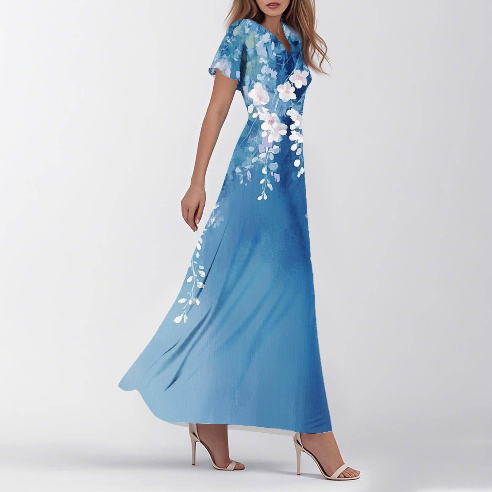 

Женское летнее повседневное модное ретро-платье с цветочным принтом и коротким рукавом XL синий