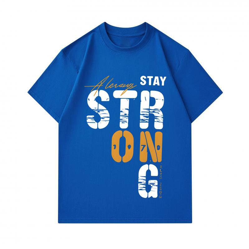 Men's 100% Cotton Crew Neck Short Sleeve T-Shirt, Always Stay Strong Letter Print Casual Comfortable Lightweight Tee for Daily Home Outdoor Wear, Loos