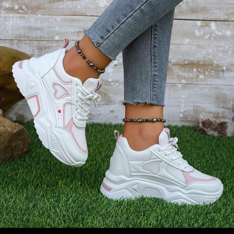 Women's Heart Patten Chunky Sneakers, Fashion Mesh Height Increasing Sports Shoes, Breathable Casual Outdoor Shoes