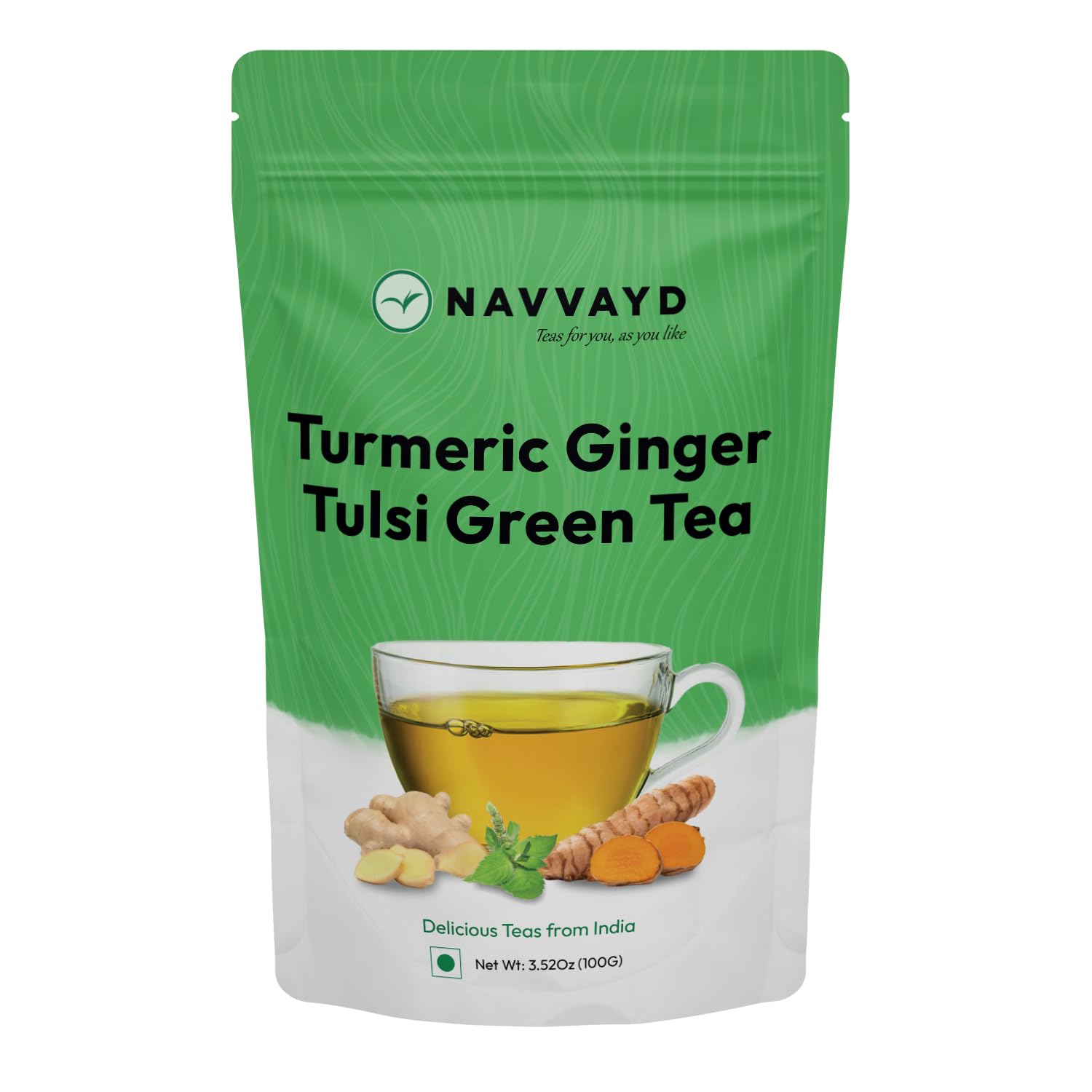 

Navvayd Turmeric Ginger Tulsi Green Tea (100 Gm 50 Cups), Super food Turmeric Tea, Ayurveda Blend