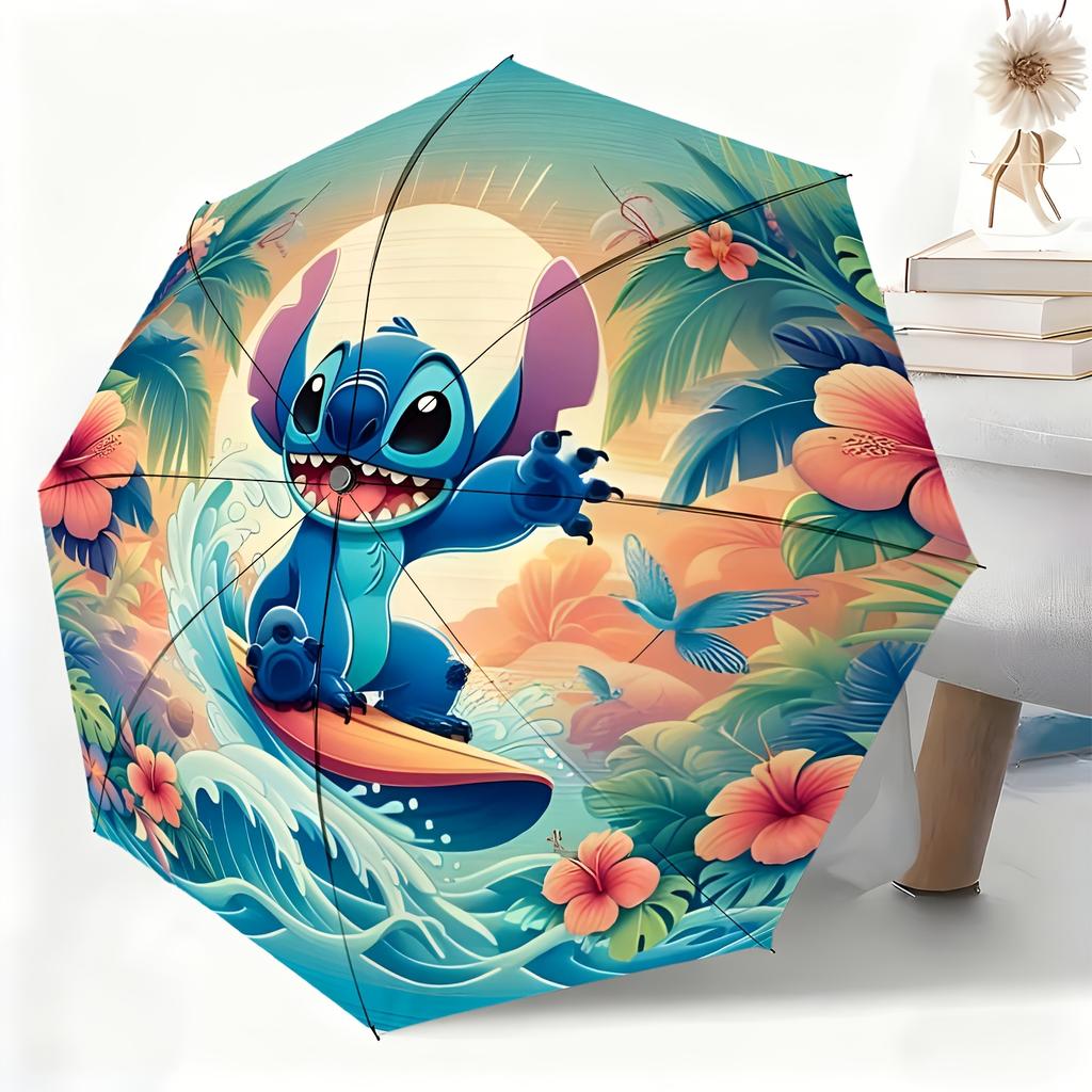 1pc Disney Stitch Surf Automatic Umbrella, All-Weather Folding Umbrella for All Occasions, Portable Compact Umbrella, Christma
